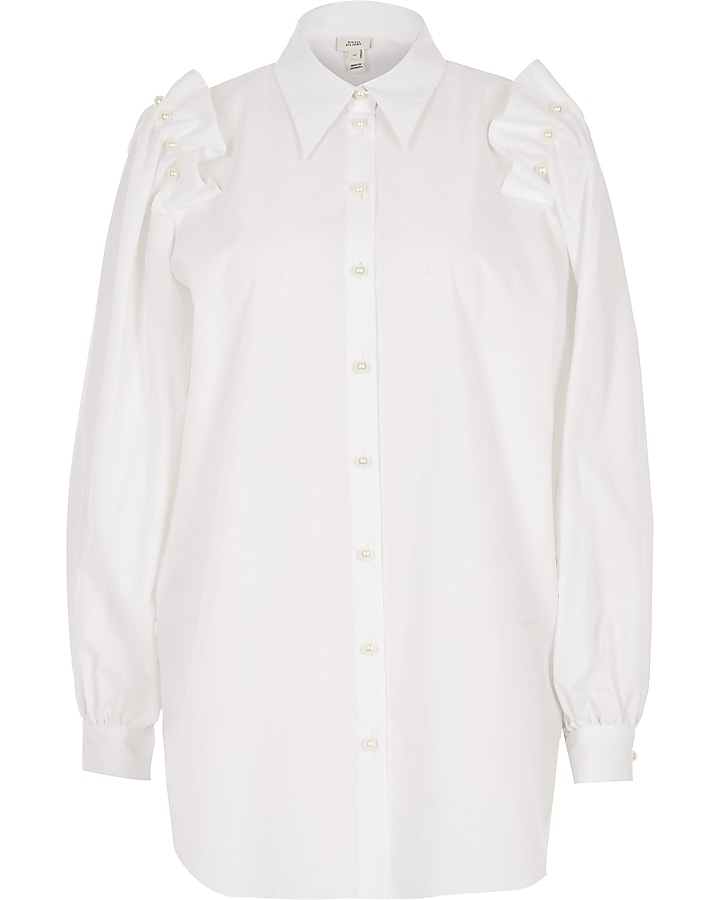 White pearl frill shoulder long sleeve shirt