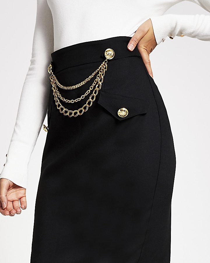 Black chain embellished midi pencil skirt