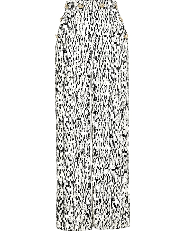 White printed button front wide leg trousers