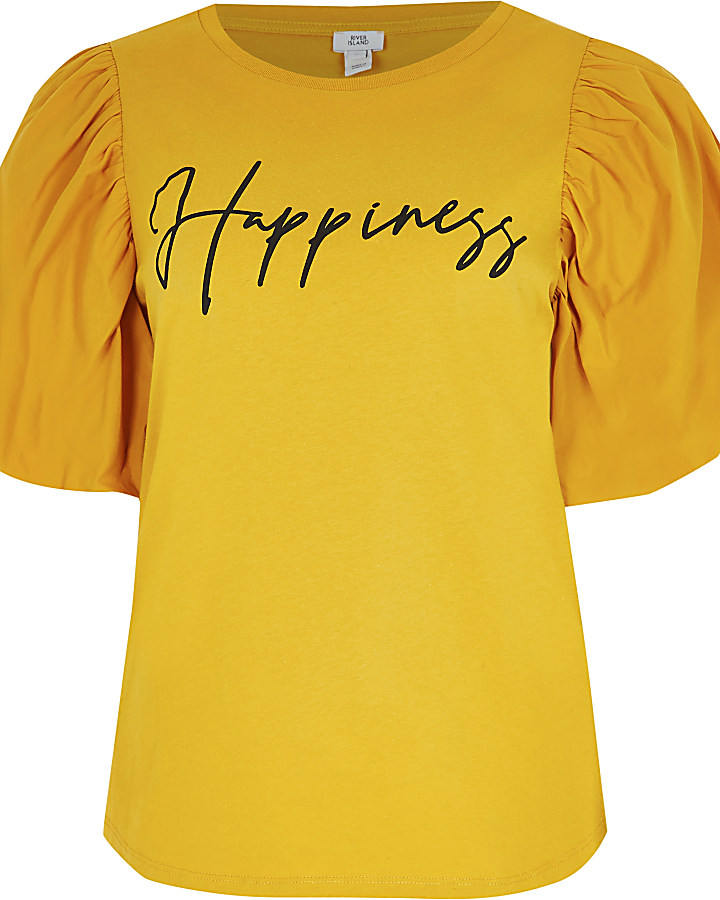 Yellow 'Happiness' puff sleeve T-shirt