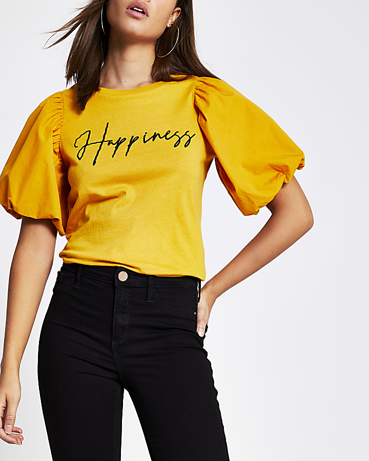 Yellow 'Happiness' puff sleeve T-shirt