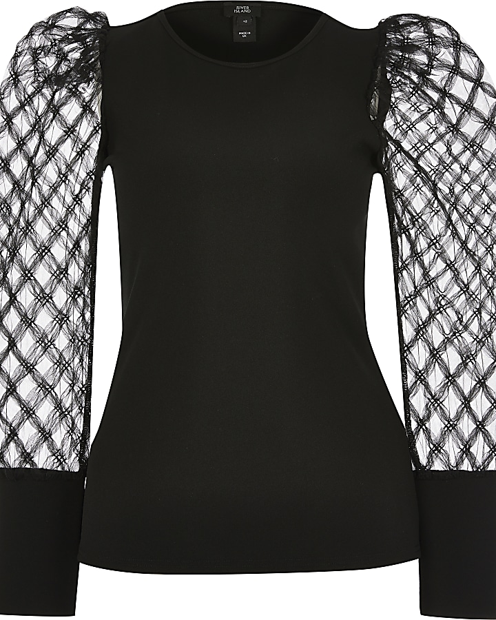 Black textured mesh long sleeve top