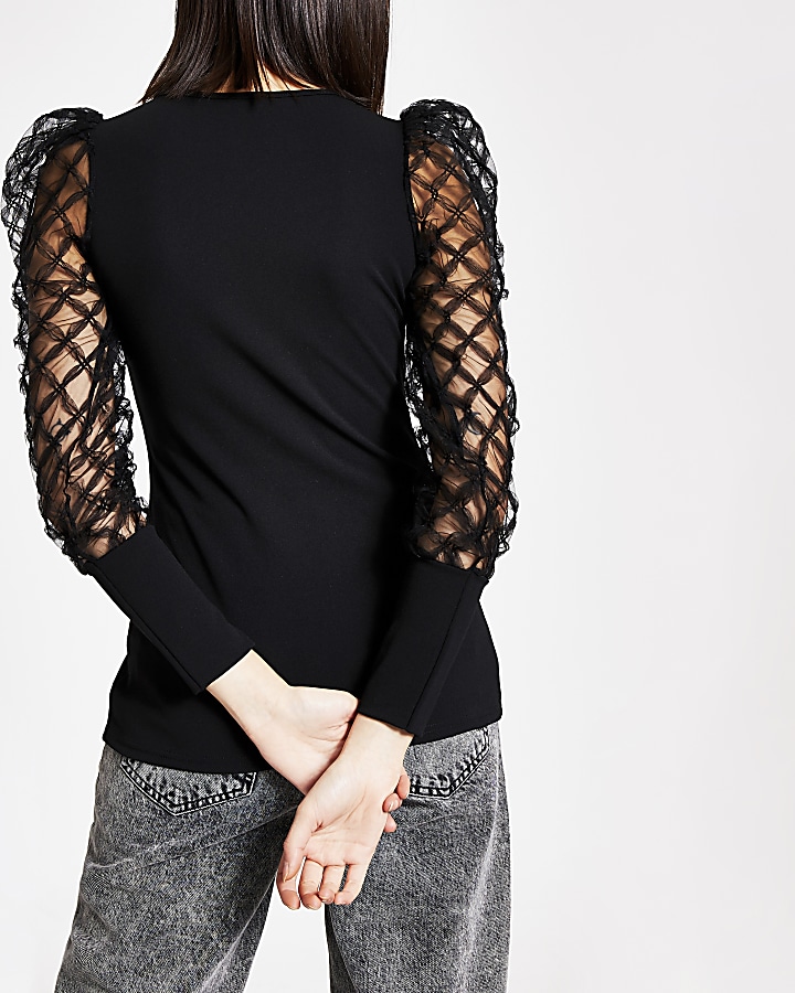 Black textured mesh long sleeve top