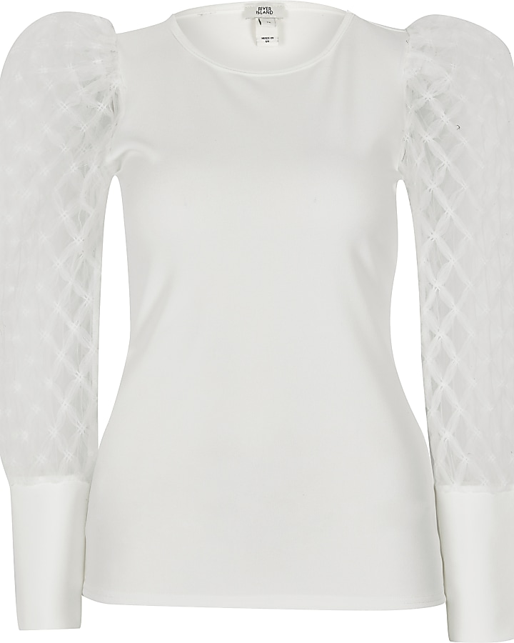 White textured mesh long sleeve top