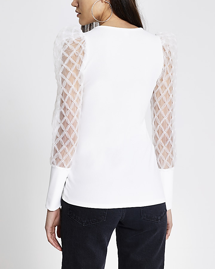 White textured mesh long sleeve top
