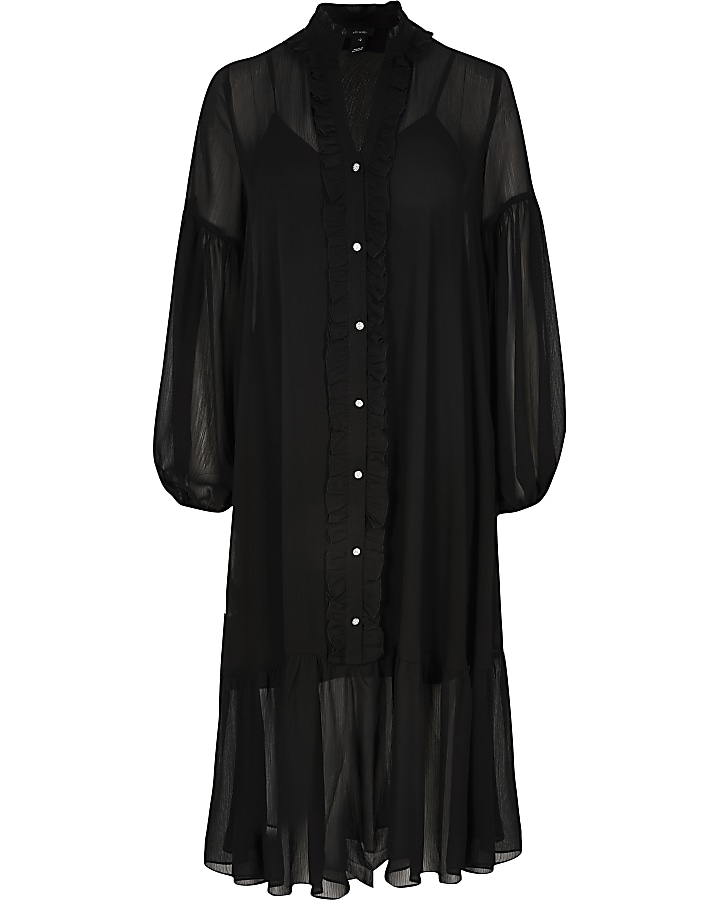 Black frill long sleeve midi smock dress