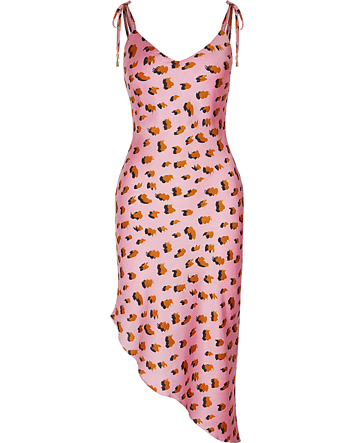 Pink printed asymmetric midi slip dress