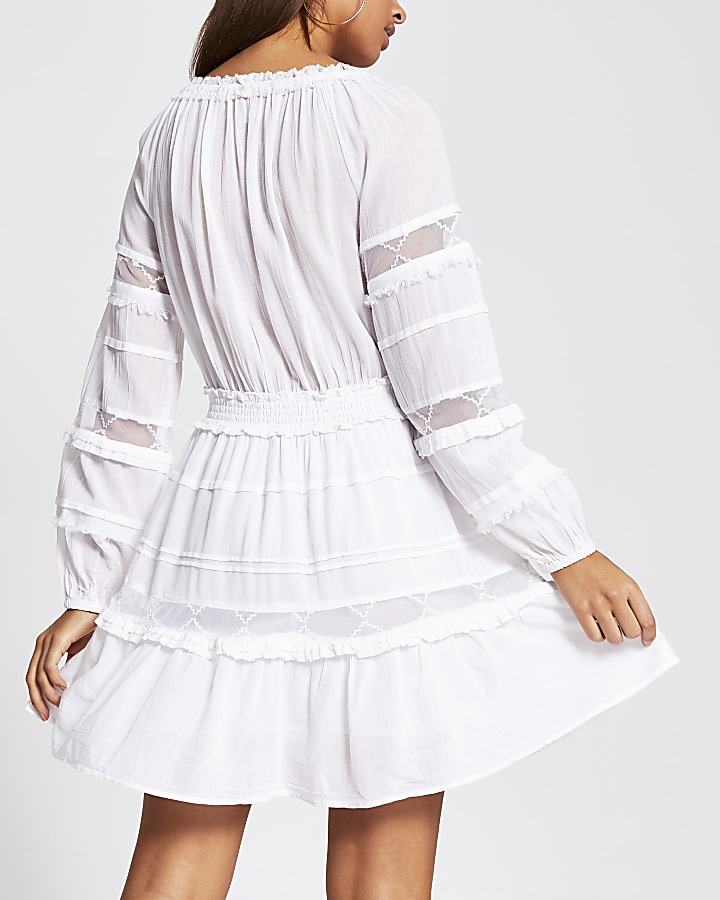White mesh insert smock beach dress