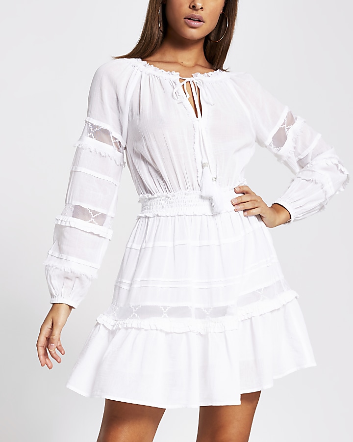 White mesh insert smock beach dress