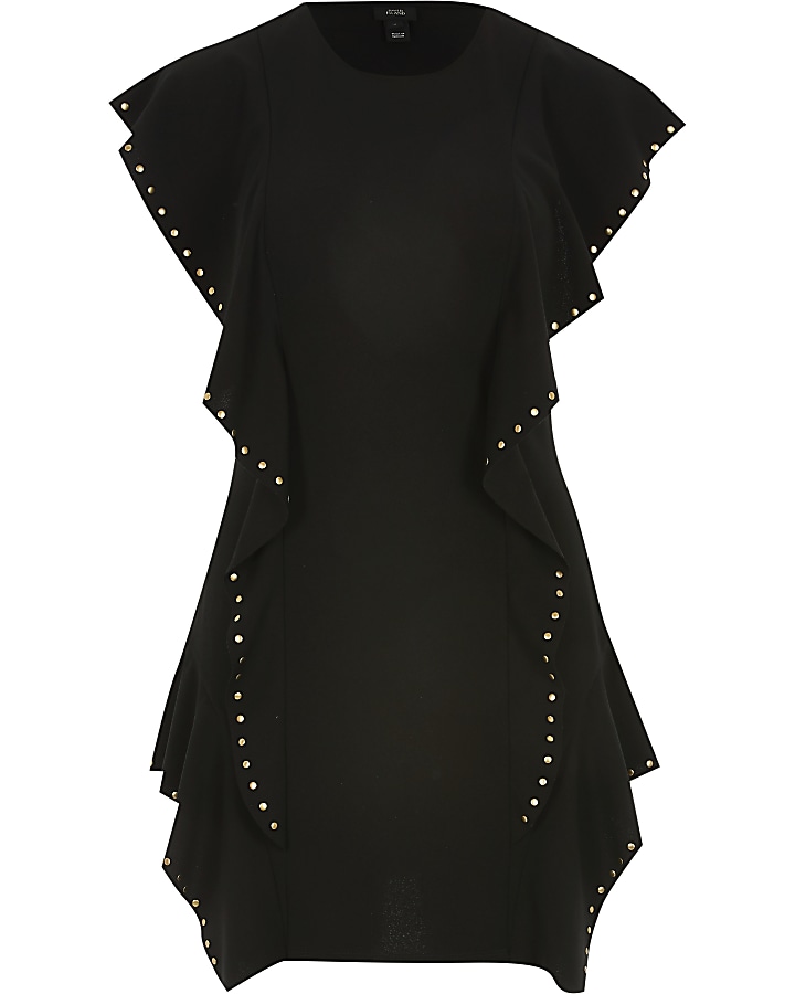 Black ruffle studded bodycon mini dress
