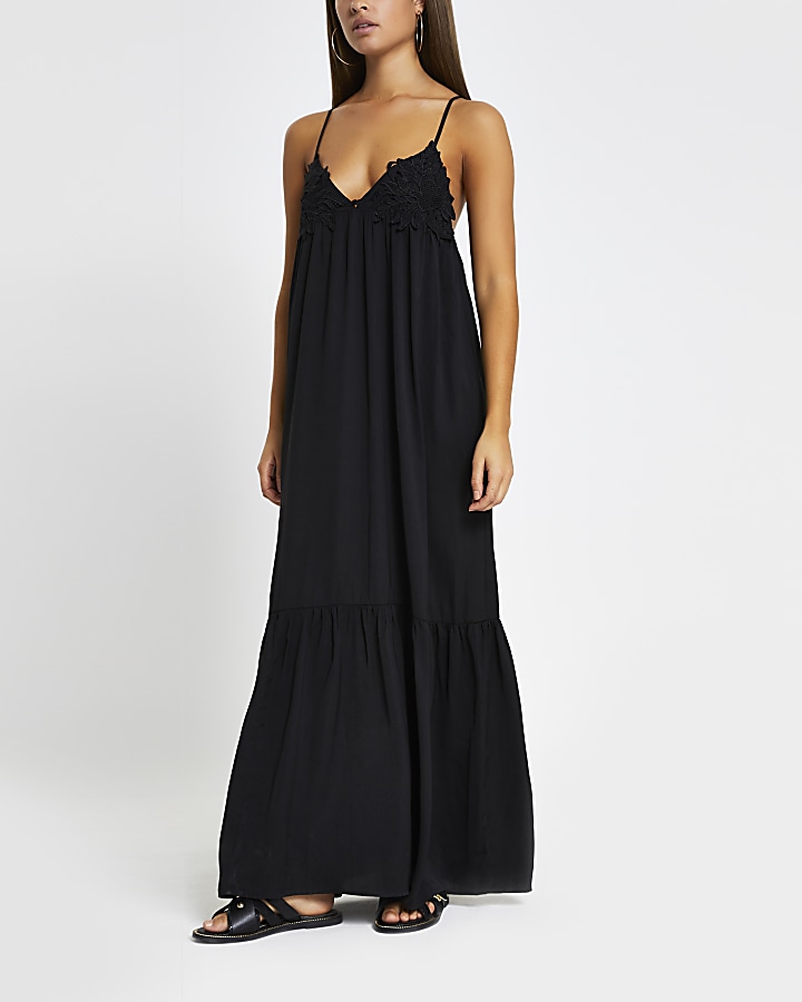 Black applique cami maxi beach dress