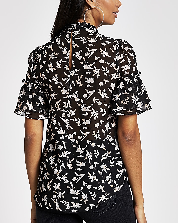 Black floral frill front short sleeve blouse