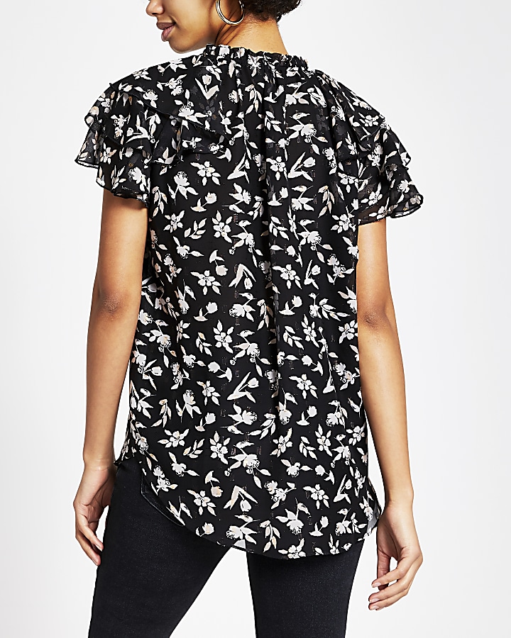 Black floral print frill sleeve blouse