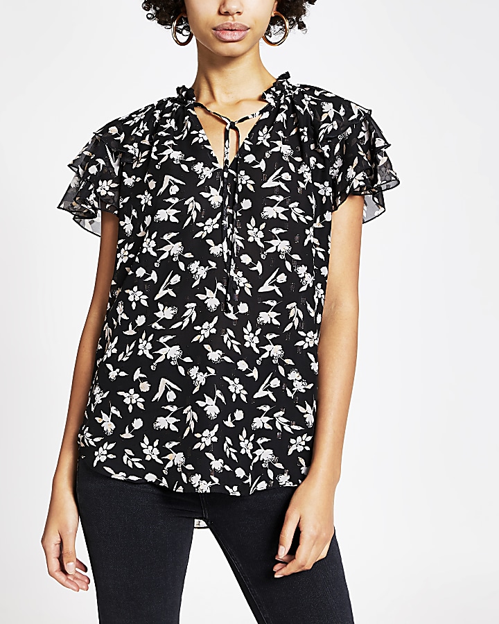 Black floral print frill sleeve blouse