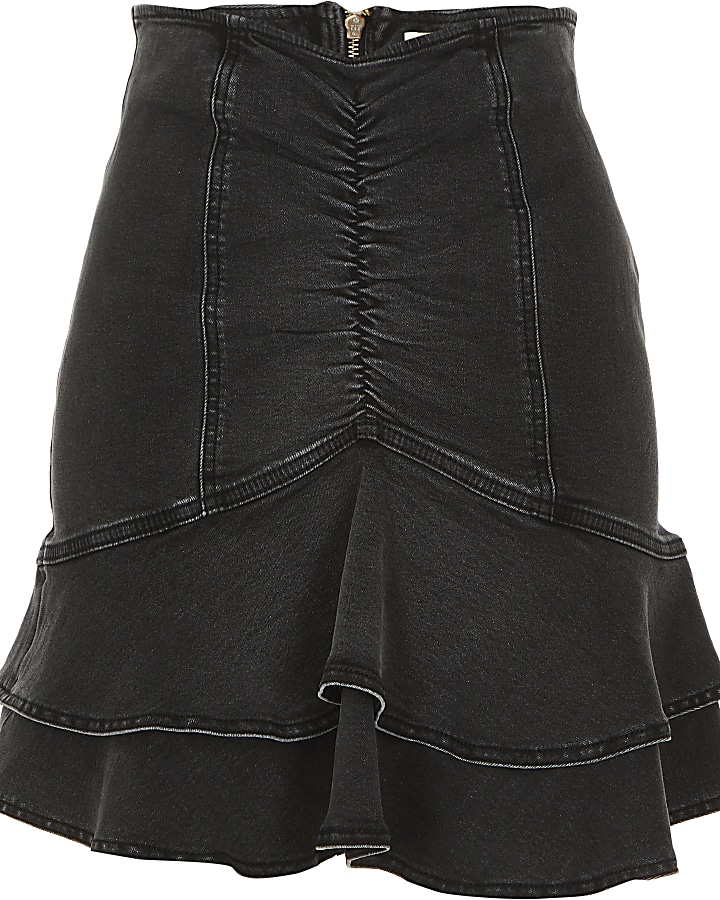 Black ruched frill mini denim skirt