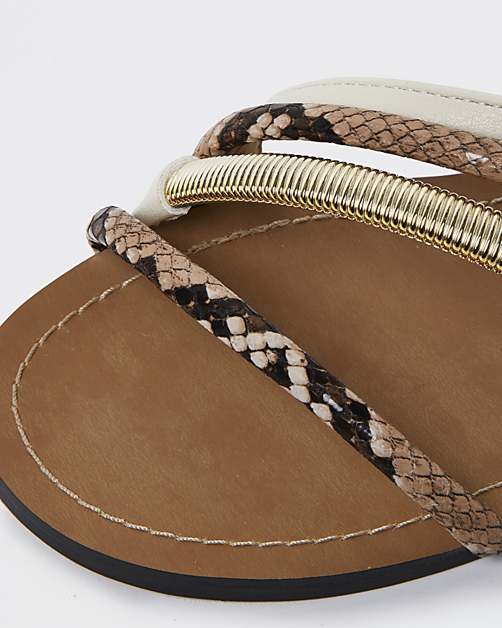 Brown snake print chain trim sandals