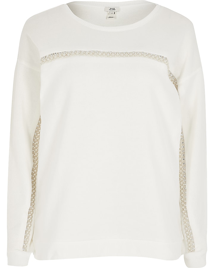 Cream pearl embellished tape front sweatshirt