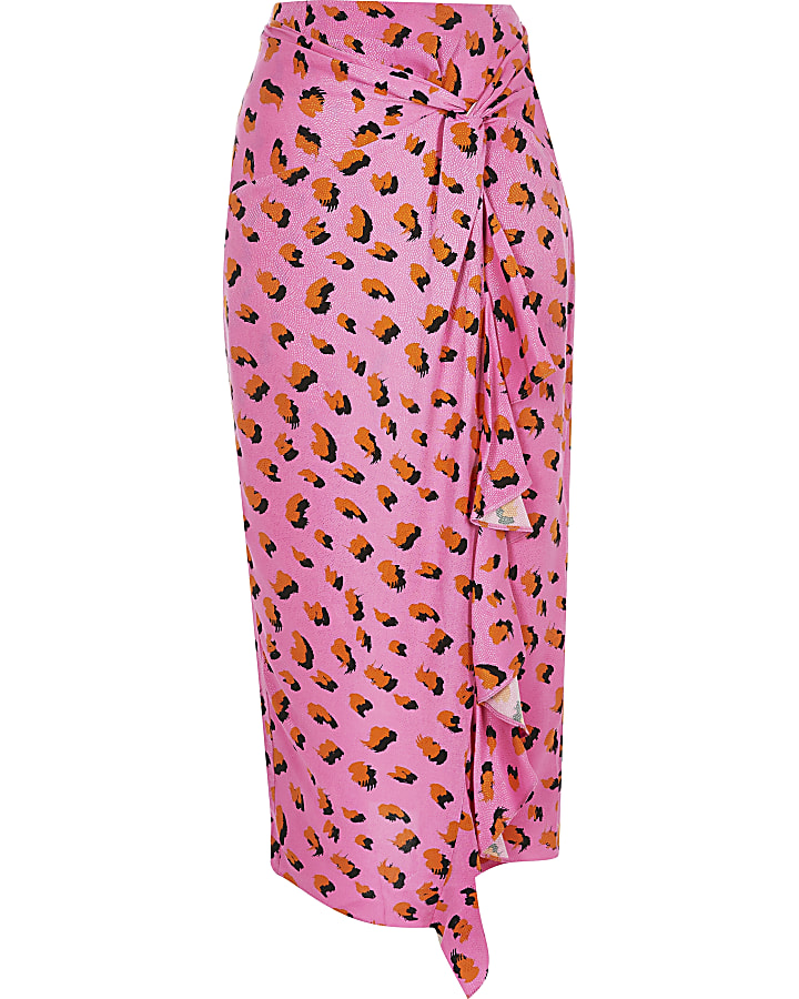 Pink printed twist front midi skirt