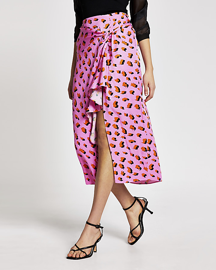 Pink printed twist front midi skirt