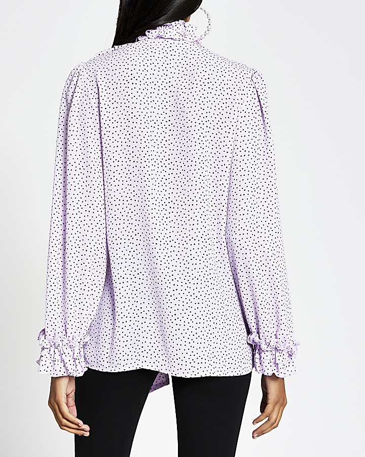 Purple spot print ruffle neck blouse