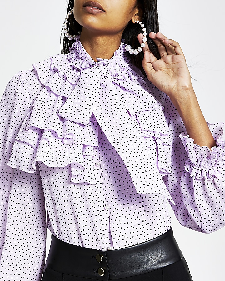 Purple spot print ruffle neck blouse