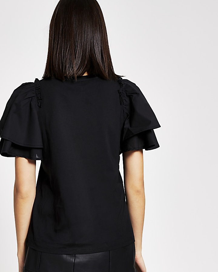 Black short poplin frill sleeve T-shirt