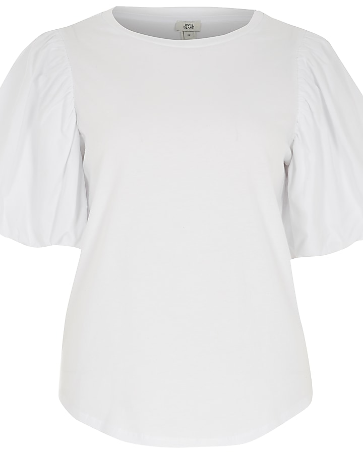 White short puff poplin sleeve T-shirt