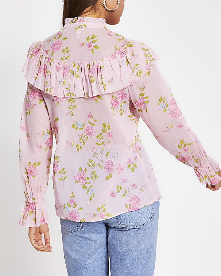 Pink floral ruffle blouse