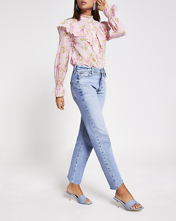 Pink floral ruffle blouse