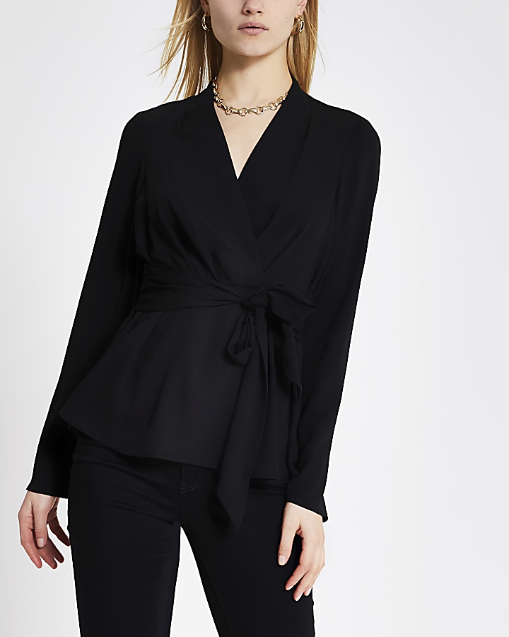 Black long sleeve tie front blouse