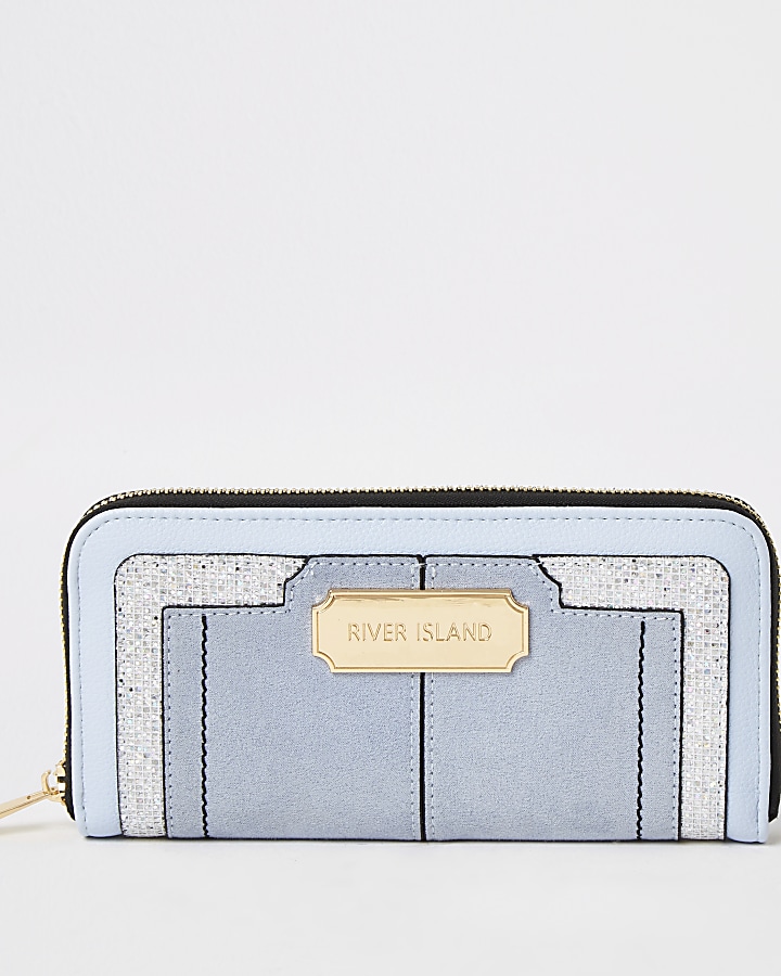 Blue glitter embellished zip around purse
