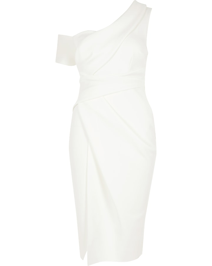 White one shoulder wrap bodycon midi dress