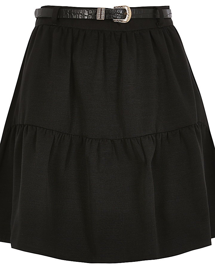 Black belted tiered mini skirt