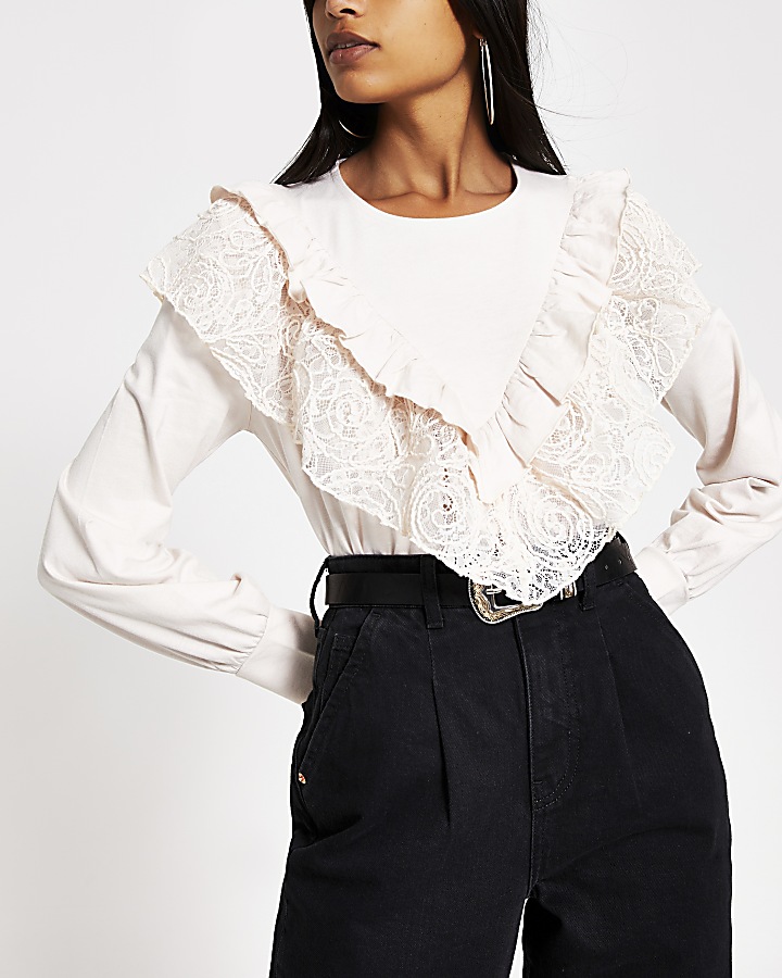 Pink corded lace frill long sleeve top