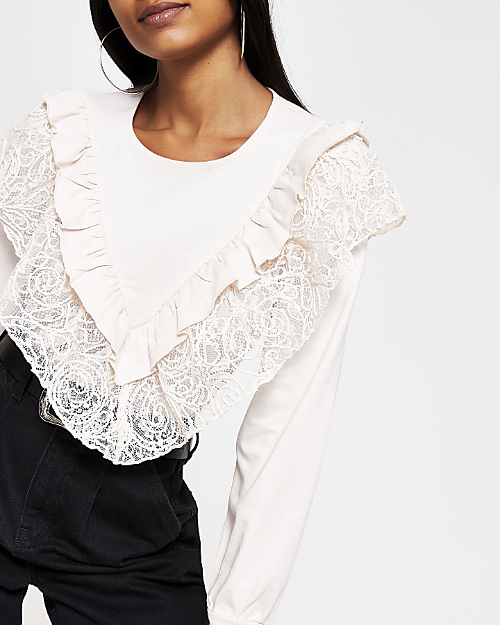 Pink corded lace frill long sleeve top