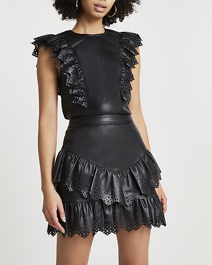 Black faux leather cutwork frill top