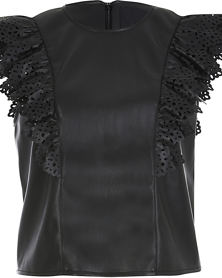 Black faux leather cutwork frill top