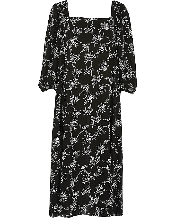 Black printed long sleeve midi swing dress