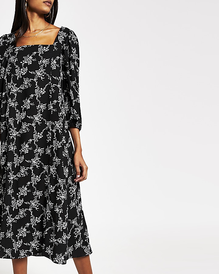 Black printed long sleeve midi swing dress