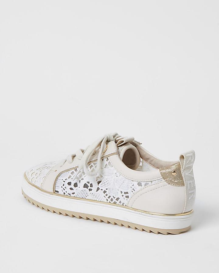 Cream embroidered lace-up trainers