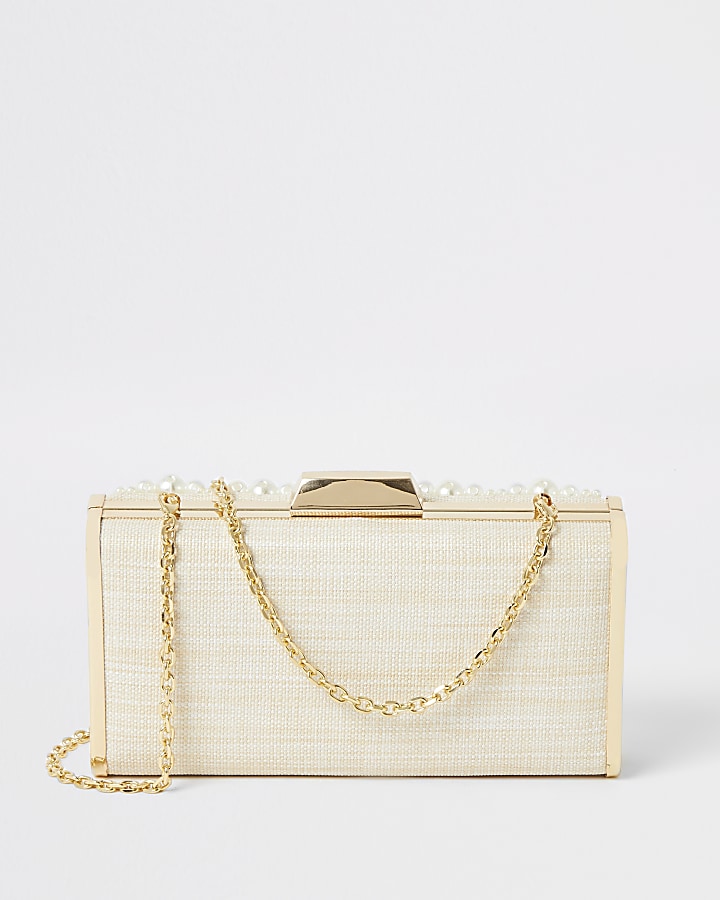 Cream pearl embellished box clutch handbag