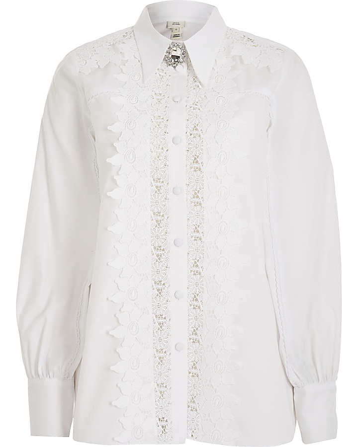 White lace diamante brooch shirt