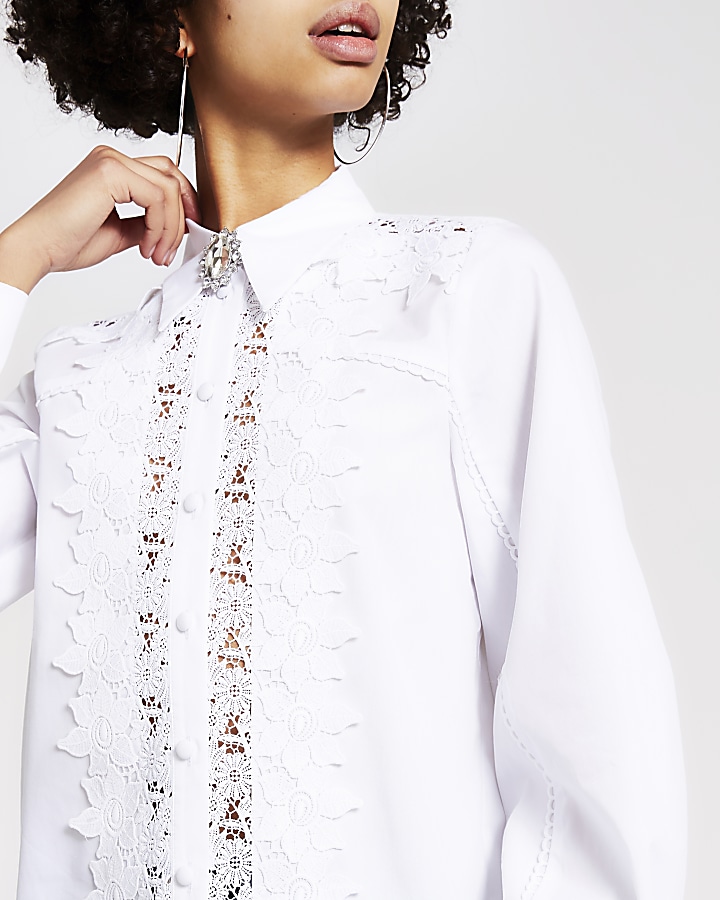White lace diamante brooch shirt