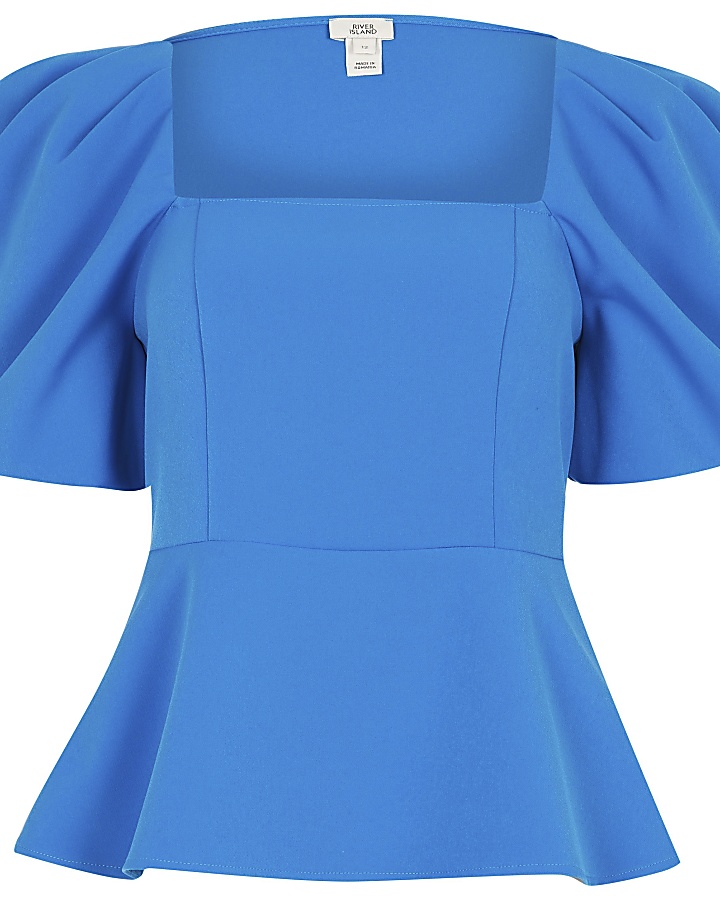 Blue short puff sleeve square neck top