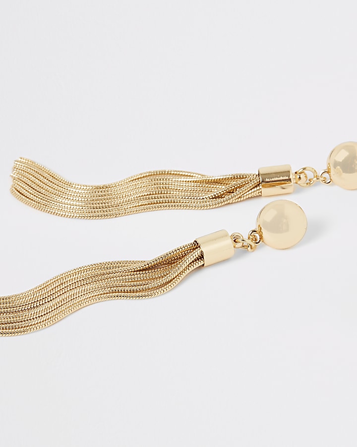 Gold colour stud tassel drop earrings