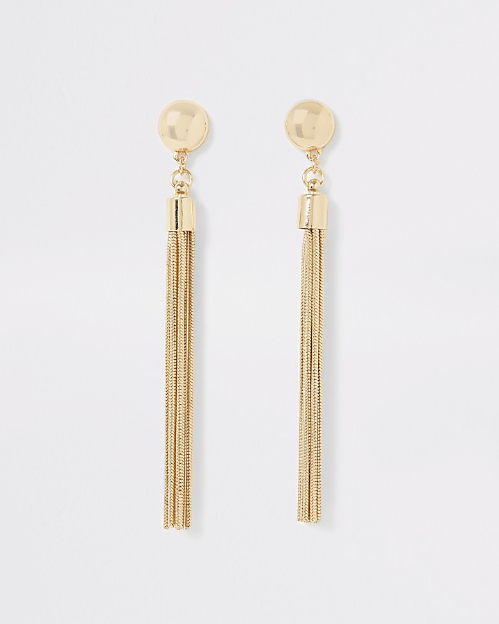 Gold colour stud tassel drop earrings