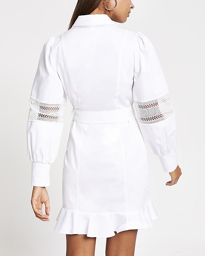 White lace trim belted shirt mini dress