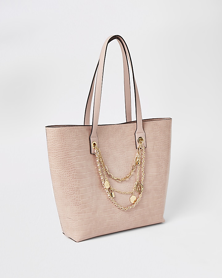 Pink embossed layered RI chain shopper bag