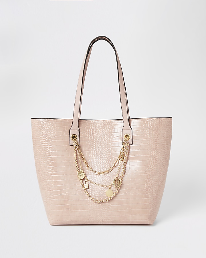 Pink embossed layered RI chain shopper bag