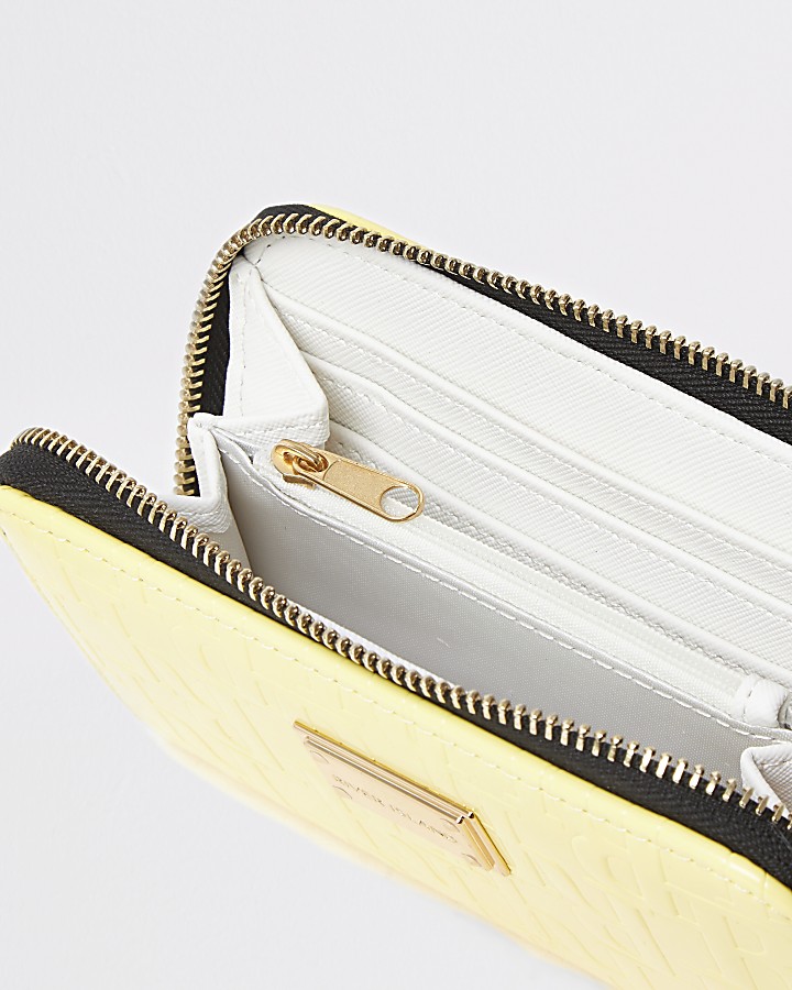 Yellow patent RI embossed zip around purse
